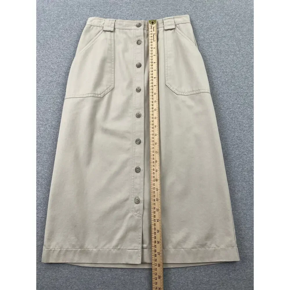 Vintage y2k Liz Claiborne Button-Up Midi Skirt 6P Khaki Tan 100% Cotton Preppy